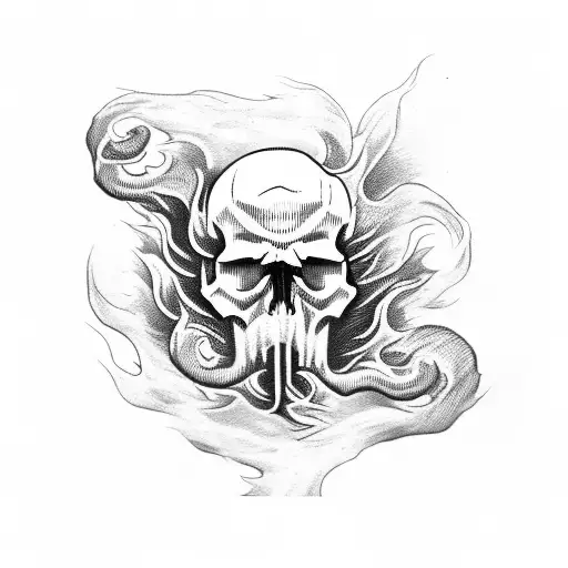 Skull with smoke and flames engulfing the head, representing the departing soul tattoo design idea