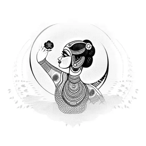 Back of Bengali girl in cultural clothing holding flower to moon tattoo design idea