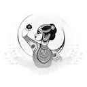 Back of Bengali girl in cultural clothing holding flower to moon tattoo design idea