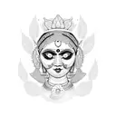 Back of Bengali girl in cultural clothing holding flower to moon tattoo design idea