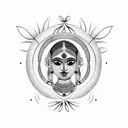 Back of Bengali girl in cultural clothing holding flower to moon tattoo design idea