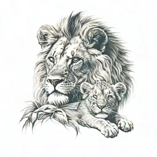 a lion with blue eyes with a cub playing on his head. tattoo design idea