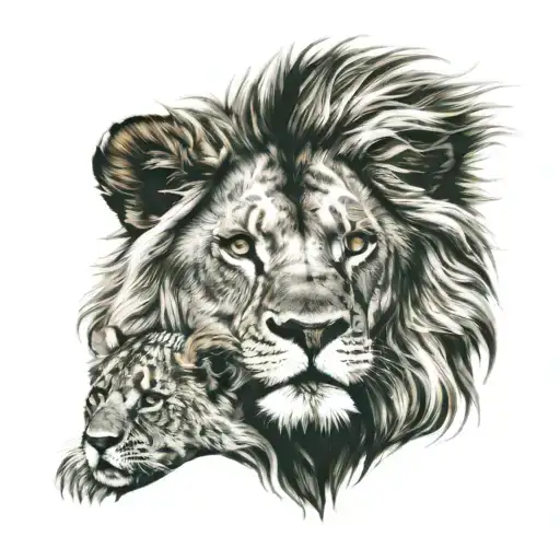 a lion with blue eyes with a cub with brown eyes playing on his head. have the date 4-11 at the bottom. tattoo design idea