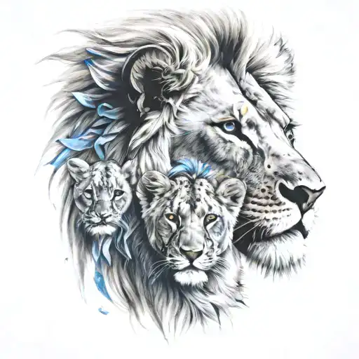 a lion with blue eyes with a cub playing on his head. tattoo design idea