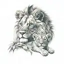 a lion with blue eyes with a cub playing on his head. tattoo design idea