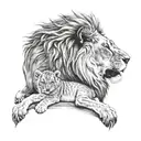 a lion with blue eyes with a cub playing on his head. tattoo design idea