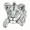 a lion with blue eyes with a cub playing on his head. tattoo design idea