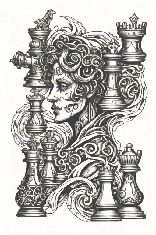 Chess pieces, ghost face, lines, waves, libra tattoo design idea