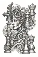 Chess pieces, ghost face, lines, waves, libra tattoo design idea