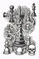 Chess pieces, ghost face, lines, waves, libra tattoo design idea