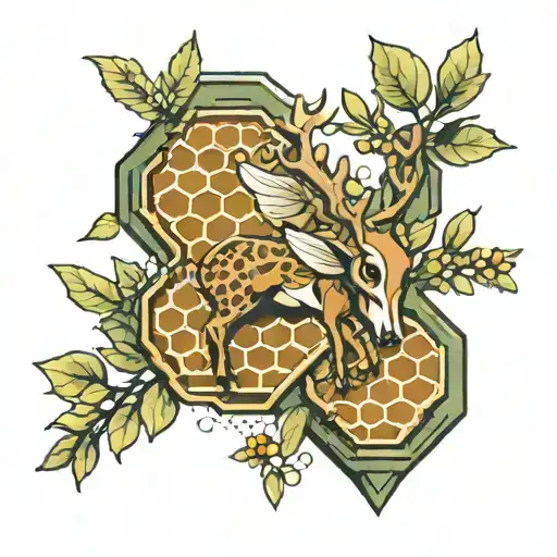 Olive tree honeycomb pattern deer bee flying tattoo design idea