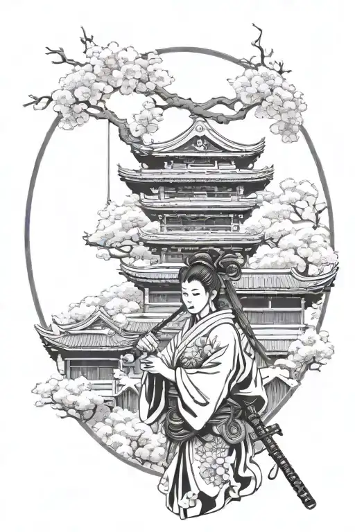 ronin samurai, japanese temple, sakura ree, geisha holding oni mask tattoo design idea