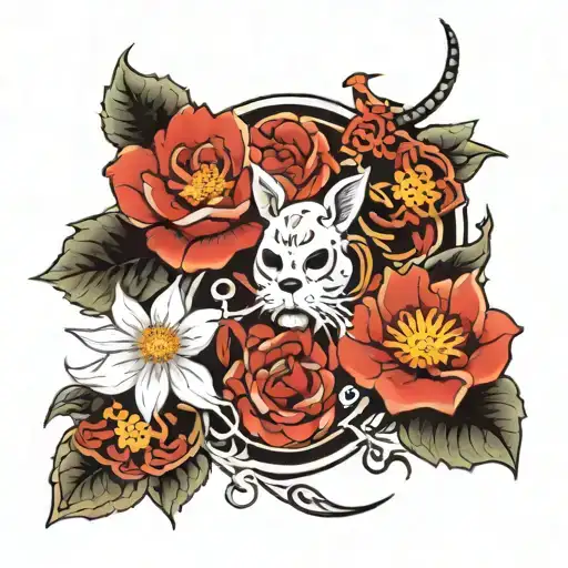 kaizen with enzo and flower surrounded tattoo design idea
