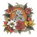 kaizen with enzo and flower surrounded tattoo design idea