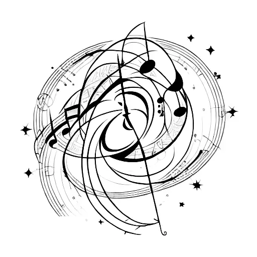 A celestial symphony with stars and musical notes intertwining around a silhouette of eye of your girlfriend r tattoo design idea