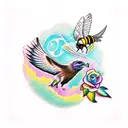 create a vertical, collage tattoo with a buzzard, seagull, bee, tree frog, and bison, colorful pastel fl tattoo design idea