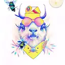 create a vertical tattoo with a buzzard, seagull, bee, tree frog, and bison, colorful pastel fl tattoo design idea