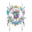 create a vertical tattoo with a buzzard, seagull, bee, tree frog, and bison, colorful pastel fl tattoo design idea