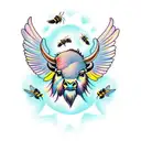 create a vertical tattoo with a buzzard, seagull, bee, tree frog, and bison, colorful pastel fl tattoo design idea