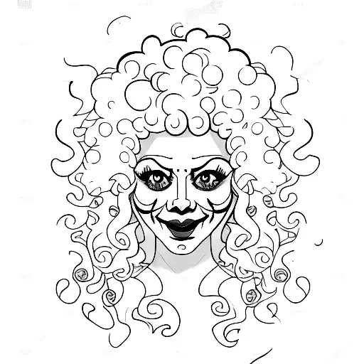 A pretty curly haired female clown with poker face tattoo design idea