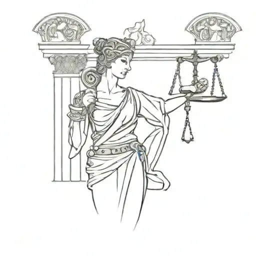 A Roman goddess of justice holding scales and a sword, surrounded by ancient Roman architecture tattoo design idea