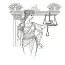 A Roman goddess of justice holding scales and a sword, surrounded by ancient Roman architecture tattoo design idea