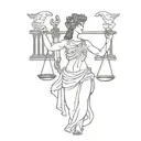 A Roman goddess of justice holding scales and a sword, surrounded by ancient Roman architecture tattoo design idea