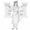 A Roman goddess of justice holding scales and a sword, surrounded by ancient Roman architecture tattoo design idea