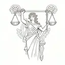 A Roman goddess of justice holding scales and a sword, surrounded by ancient Roman architecture tattoo design idea