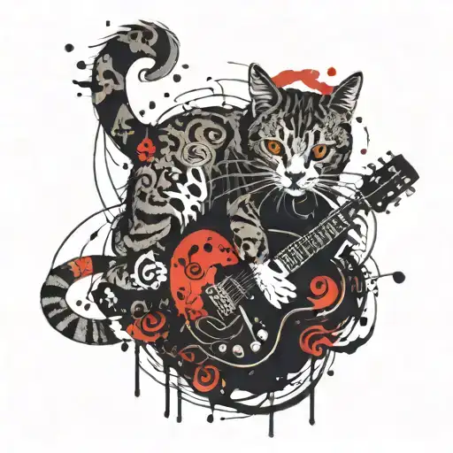 A cat playing a guitar with Japanese kanji symbols floating around it representing different musical notes tattoo design idea