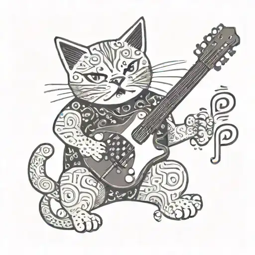 A cat playing a guitar with Japanese kanji symbols floating around it representing different musical notes tattoo design idea