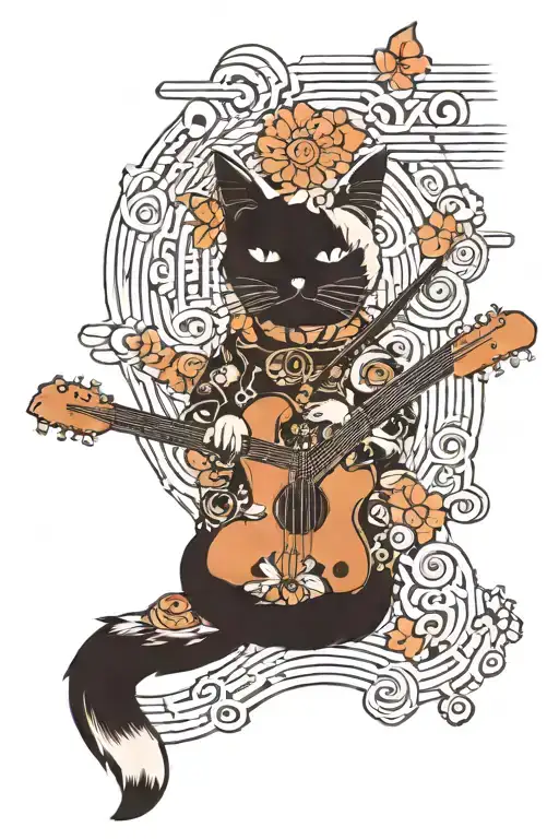 A cat playing a guitar with Japanese kanji symbols floating around it representing different musical notes tattoo design idea