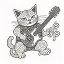 A cat playing a guitar with Japanese kanji symbols floating around it representing different musical notes tattoo design idea