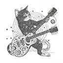 A cat playing a guitar with Japanese kanji symbols floating around it representing different musical notes tattoo design idea