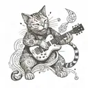 A cat playing a guitar with Japanese kanji symbols floating around it representing different musical notes tattoo design idea