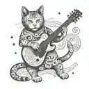 A cat playing a guitar with Japanese kanji symbols floating around it representing different musical notes tattoo design idea