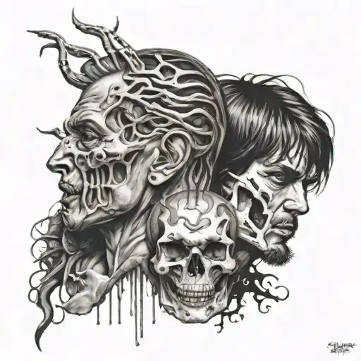 2 human bodies representing self sabotage tattoo design idea