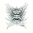 Japanese Tengu mask cut in half, under it is a girl tattoo design idea