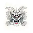 Japanese Tengu mask cut in half, under it is a girl tattoo design idea