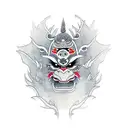 Japanese Tengu mask cut in half, under it is a girl tattoo design idea