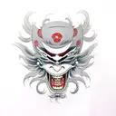 Japanese Tengu mask cut in half, under it is a girl tattoo design idea