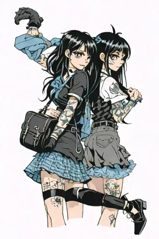 skinny goth girl standing back to back with a fat preppy girl tattoo design idea