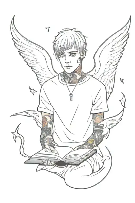 lil peep with wings holding open book surrounded by demons tattoo design idea