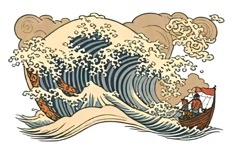 kanagawa wave with a barbarian boat sailing towards tattoo design idea
