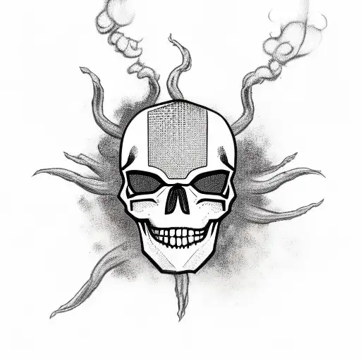 skull with cap on surrounded by smoke lotus flowers and Spider-Man symbol spray painted  tattoo design idea