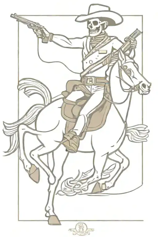 skeleton cowboy riding rocking horse holding moonshine and shooting revolver tattoo design idea