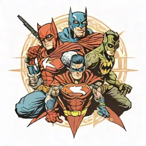 brotherhood & superheroes posing together tattoo design idea
