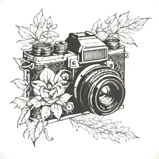 Combine elements of a camera, architectural blueprints, and nature in a blackwork tattoo, showcasing your diverse interests and skills tattoo design idea