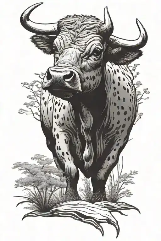 Baby Bull Body, Dotted Tail, Marsh Background, Cypress Trees tattoo design idea