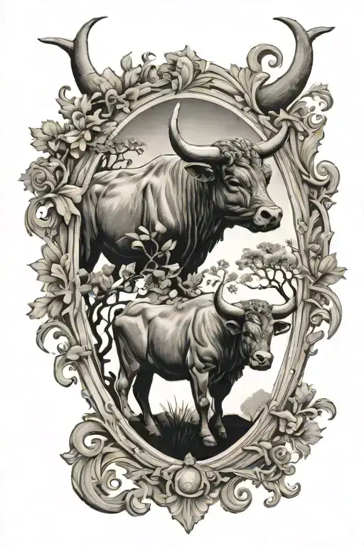 Baroque Frame, Baby Bull, Cypress Trees In Background tattoo design idea